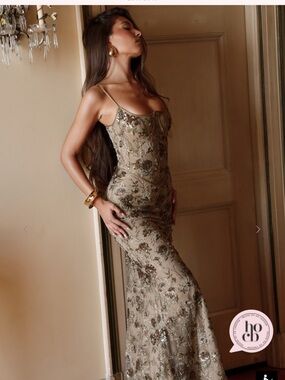 House of CB Gold Embellished Floral Sequin Prom Gown